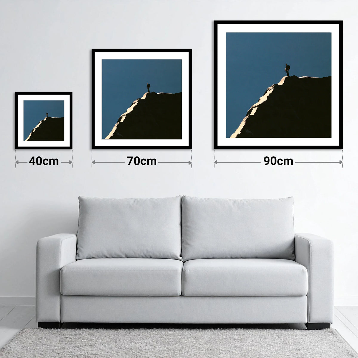 Lone Walker on Striding Edge - size guide showing 40cm, 70cm and 90cm art prints
