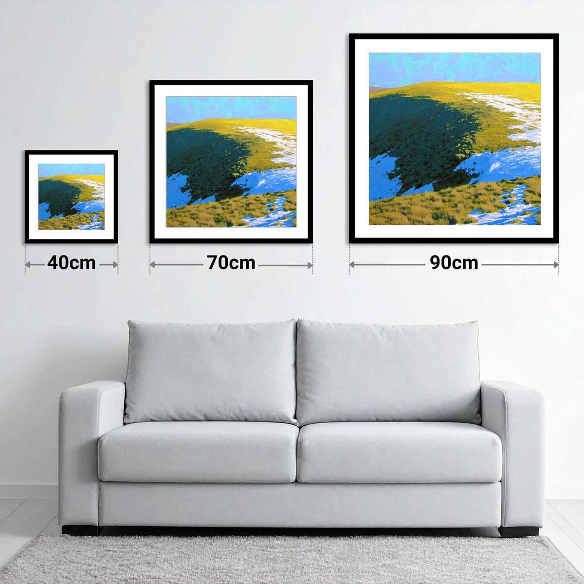 Winter Sunlight on Grey Crag - size guide showing 40cm, 70cm and 90cm art prints