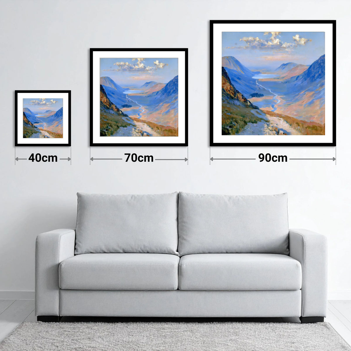 Sunlit Valley Trail from Haystacks - size guide showing 40cm, 70cm and 90cm art prints