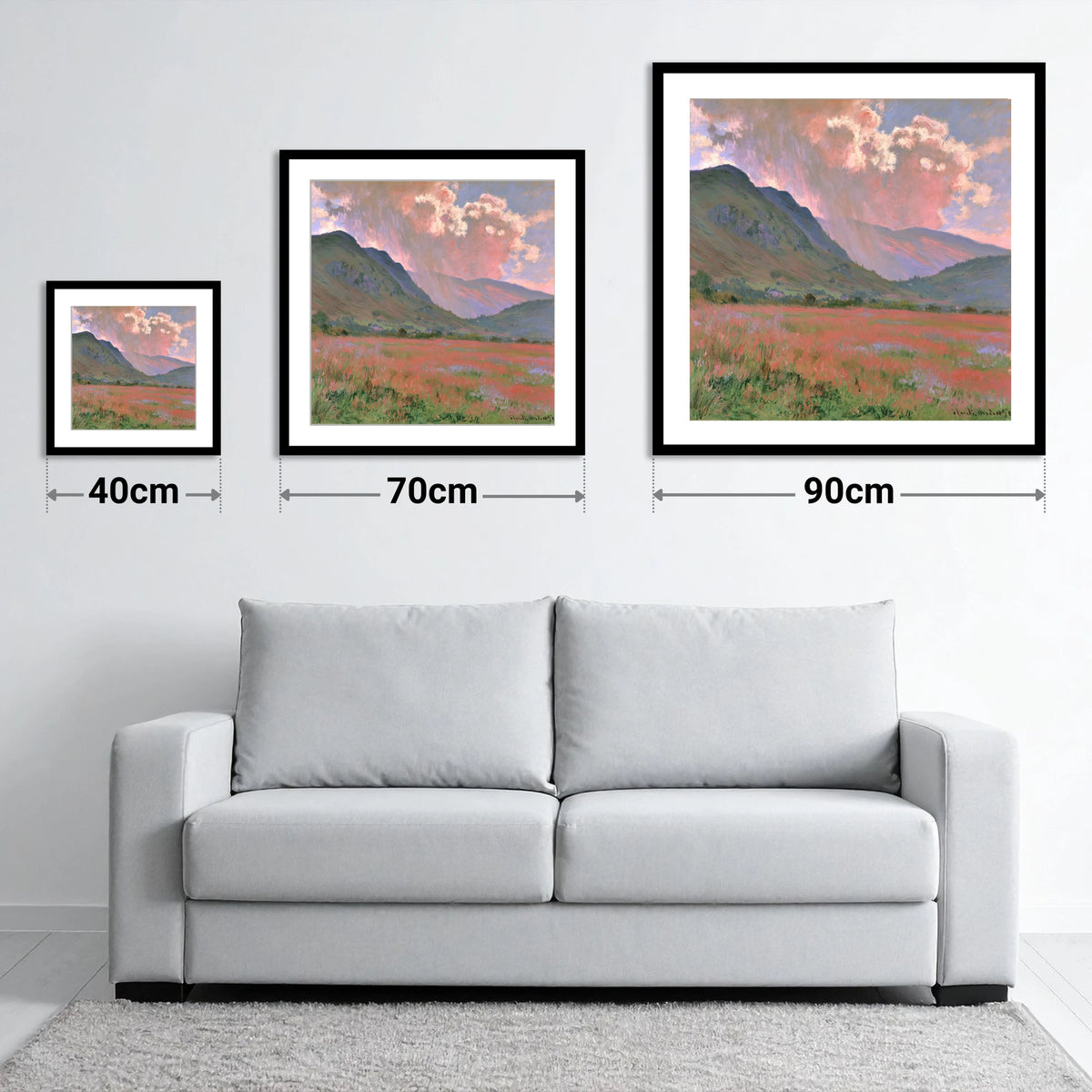 Radiant Storm Clouds Over Fells - size guide showing 40cm, 70cm and 90cm art prints