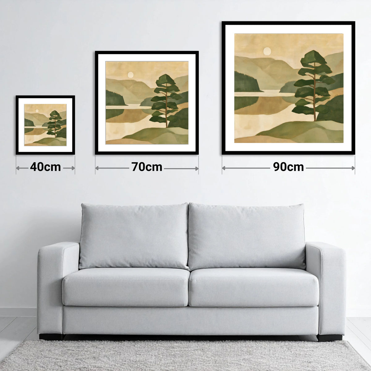 Still Lake and Pine at Dawn - size guide showing 40cm, 70cm and 90cm art prints