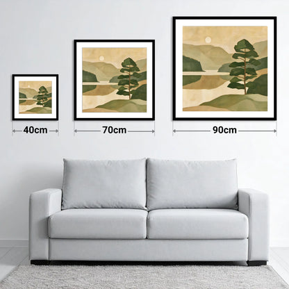 Still Lake and Pine at Dawn - size guide showing 40cm, 70cm and 90cm art prints