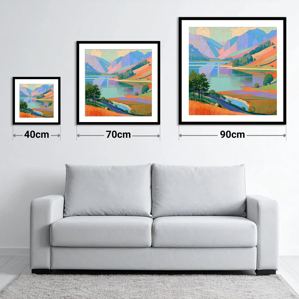 Vibrant Fells Over Turquoise Lake - size guide showing 40cm, 70cm and 90cm art prints