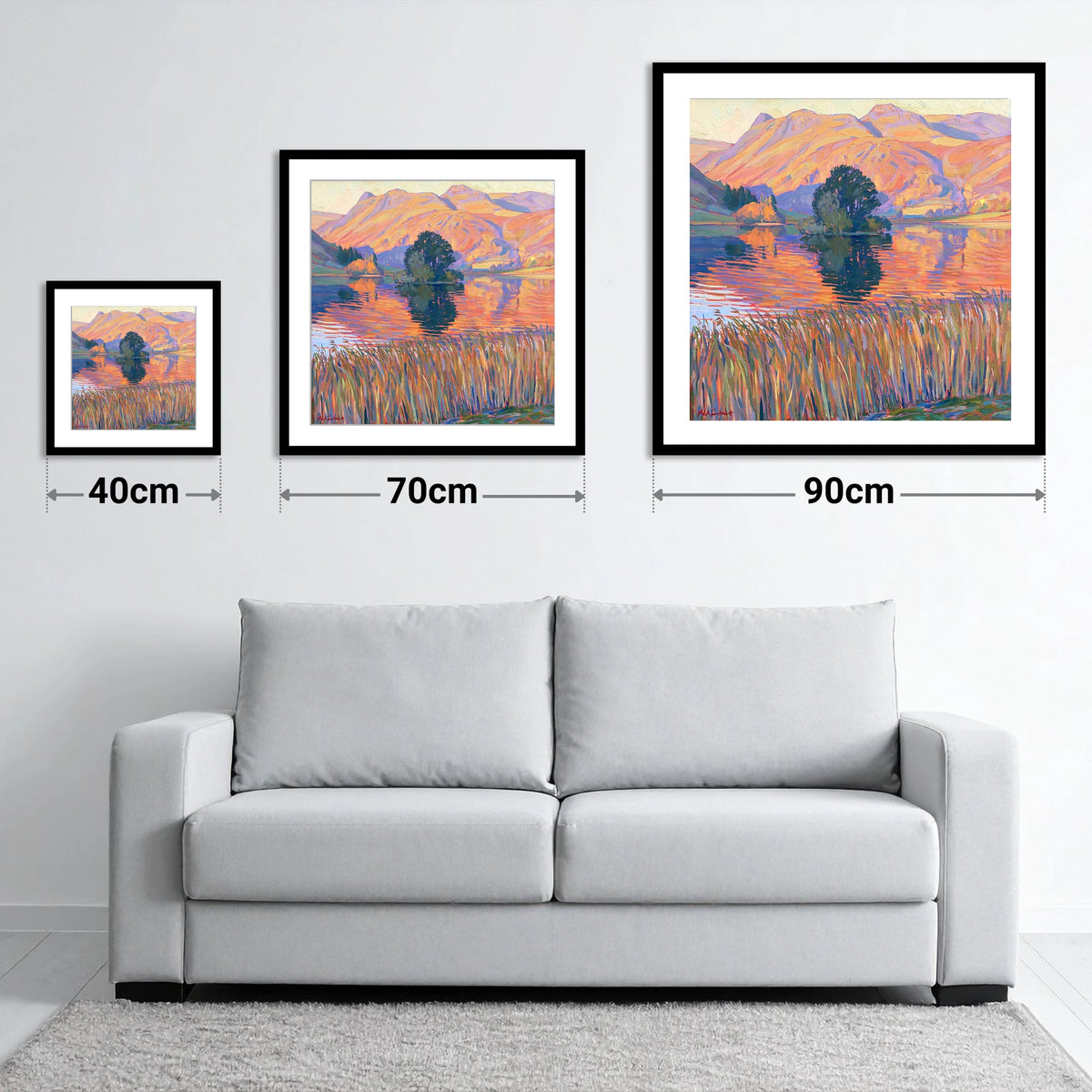 Vibrant Grasmere Island and Fells - size guide showing 40cm, 70cm and 90cm art prints