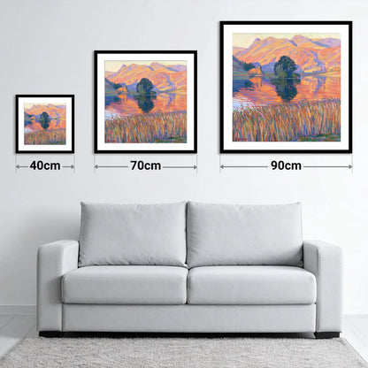 Vibrant Grasmere Island and Fells - size guide showing 40cm, 70cm and 90cm art prints