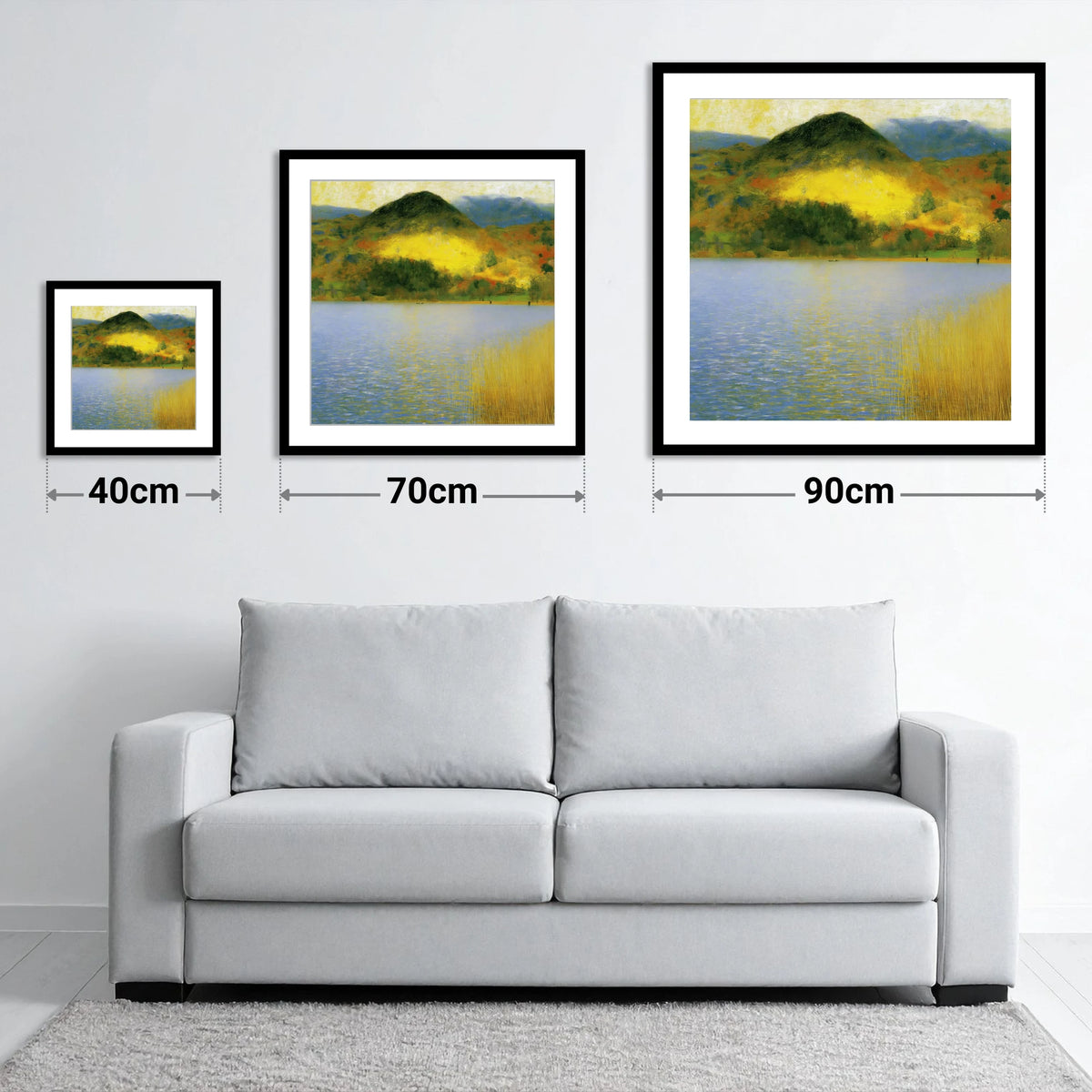 Grasmere Beneath Glowing Fells - size guide showing 40cm, 70cm and 90cm art prints