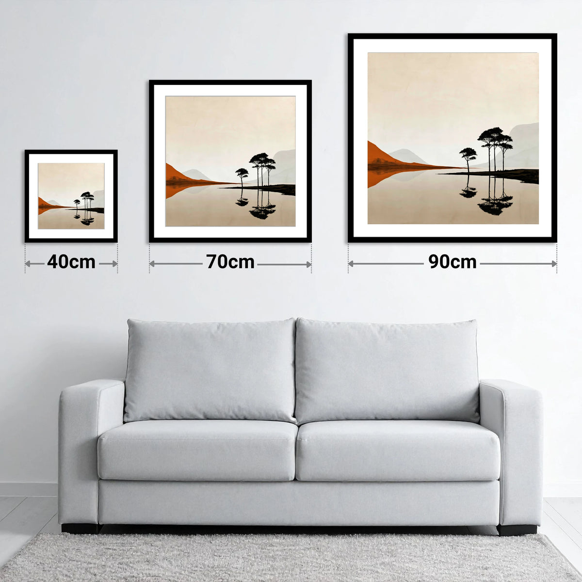 Dawn Lake with Silhouetted Pines - size guide showing 40cm, 70cm and 90cm art prints