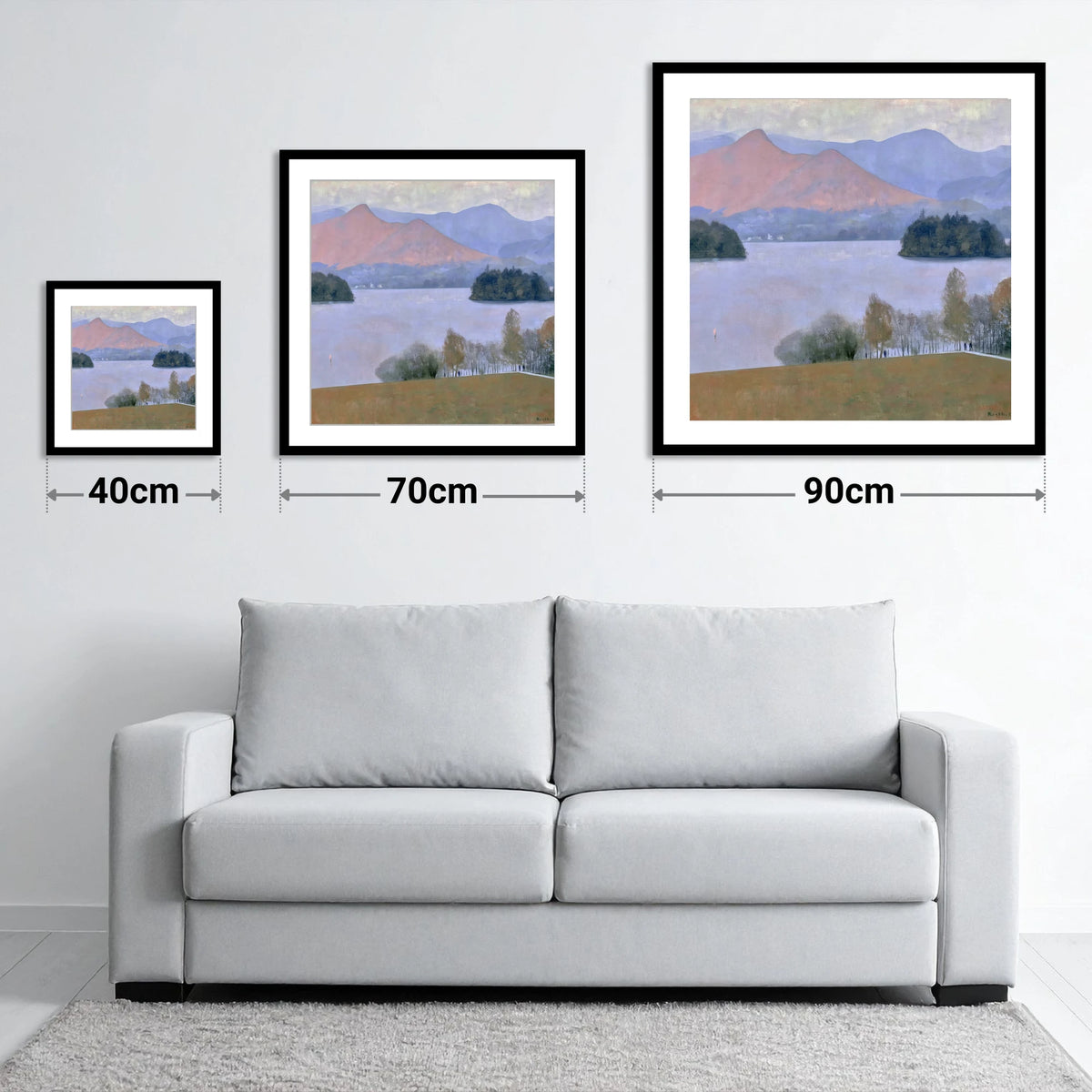 Derwentwater Dusk from Crow Park - size guide showing 40cm, 70cm and 90cm art prints