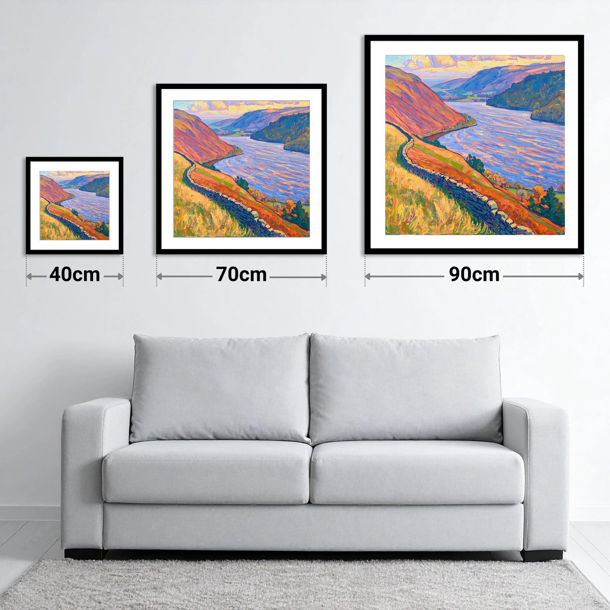 Vivid Ullswater Above Pooley Bridge - size guide showing 40cm, 70cm and 90cm art prints
