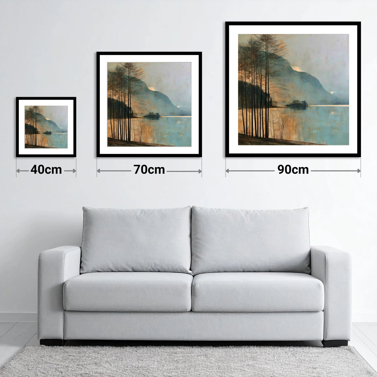 Grasmere Island in Golden Light - size guide showing 40cm, 70cm and 90cm art prints