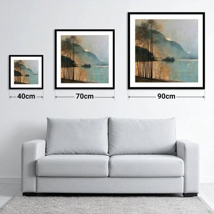 Grasmere Island in Golden Light - size guide showing 40cm, 70cm and 90cm art prints