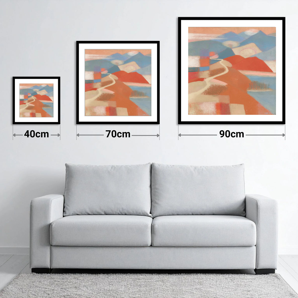 Terracotta Ridge on Cat Bells - size guide showing 40cm, 70cm and 90cm art prints