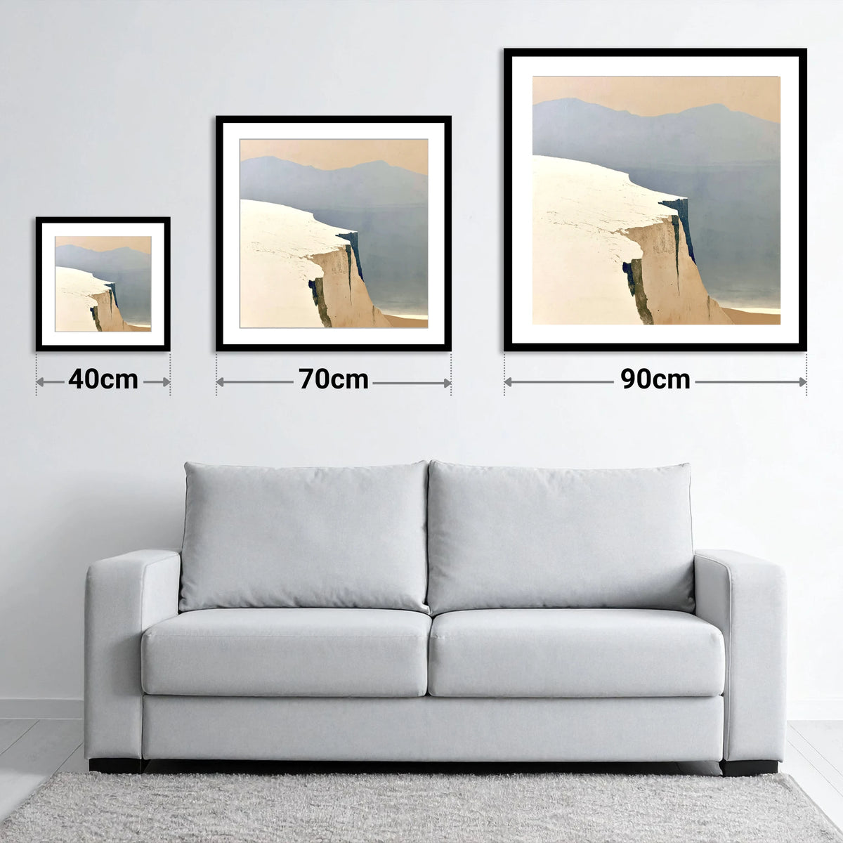 Snowy Fell Edge and Distant Peaks - size guide showing 40cm, 70cm and 90cm art prints