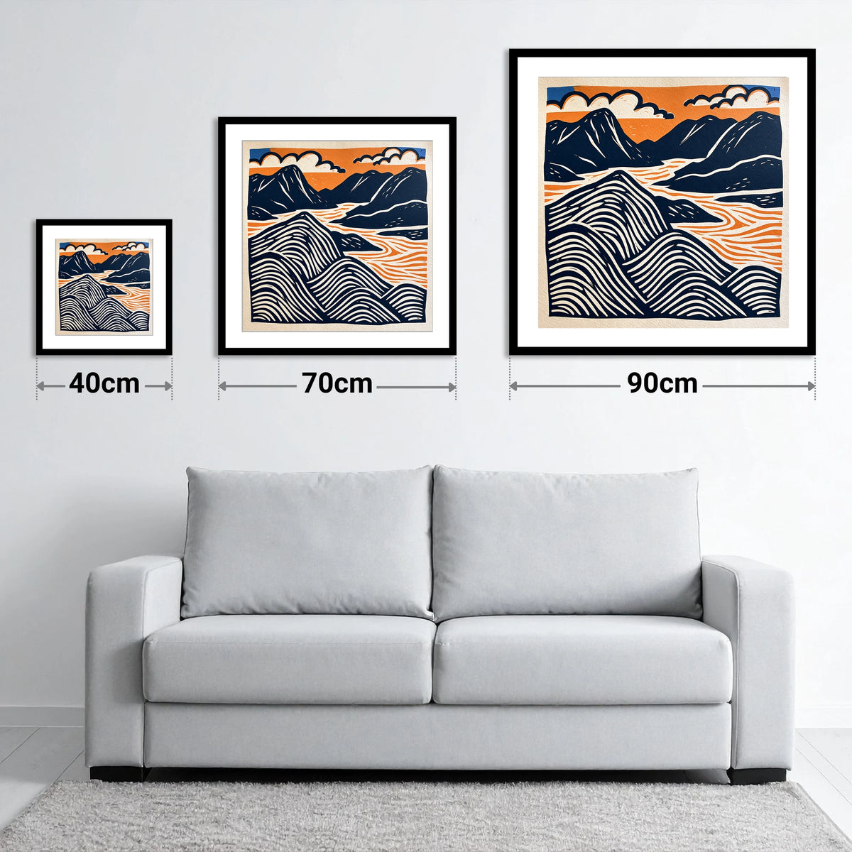 Mountain Summit in Navy and Orange - size guide showing 40cm, 70cm and 90cm art prints