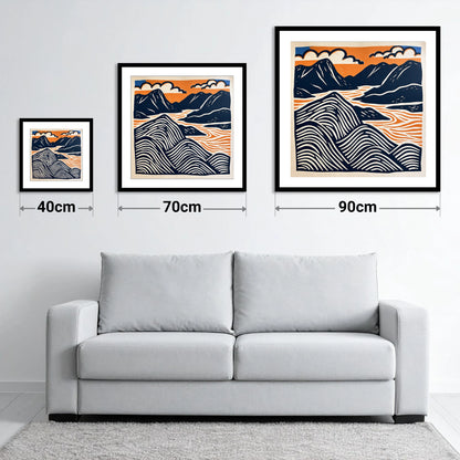 Mountain Summit in Navy and Orange - size guide showing 40cm, 70cm and 90cm art prints