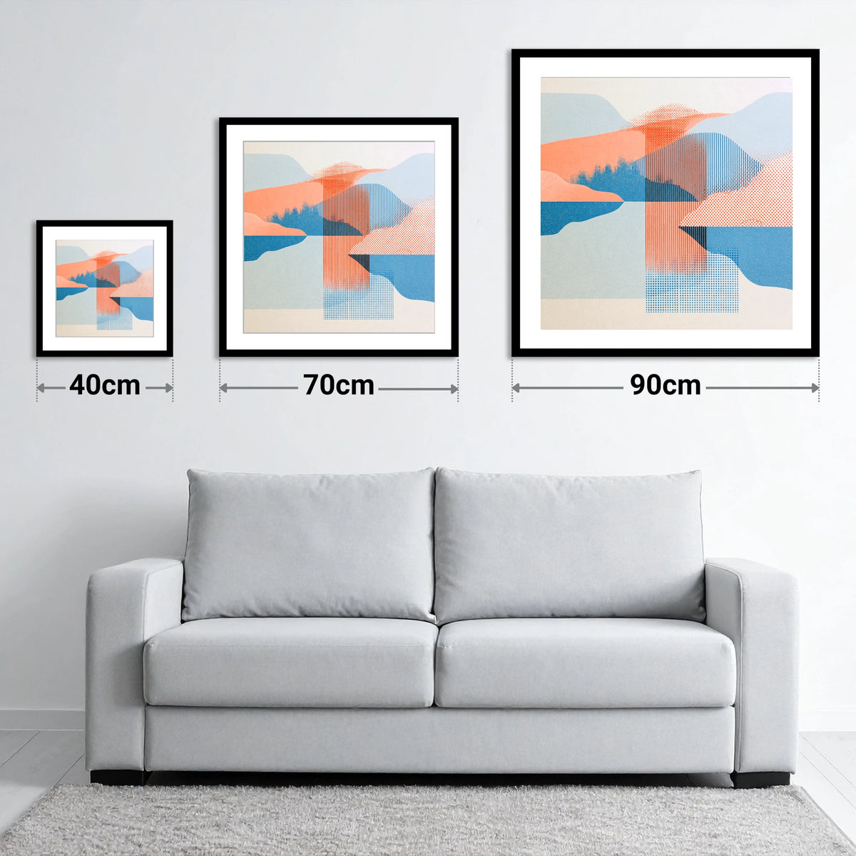 Geometric Lake and Fell Reflections - size guide showing 40cm, 70cm and 90cm art prints