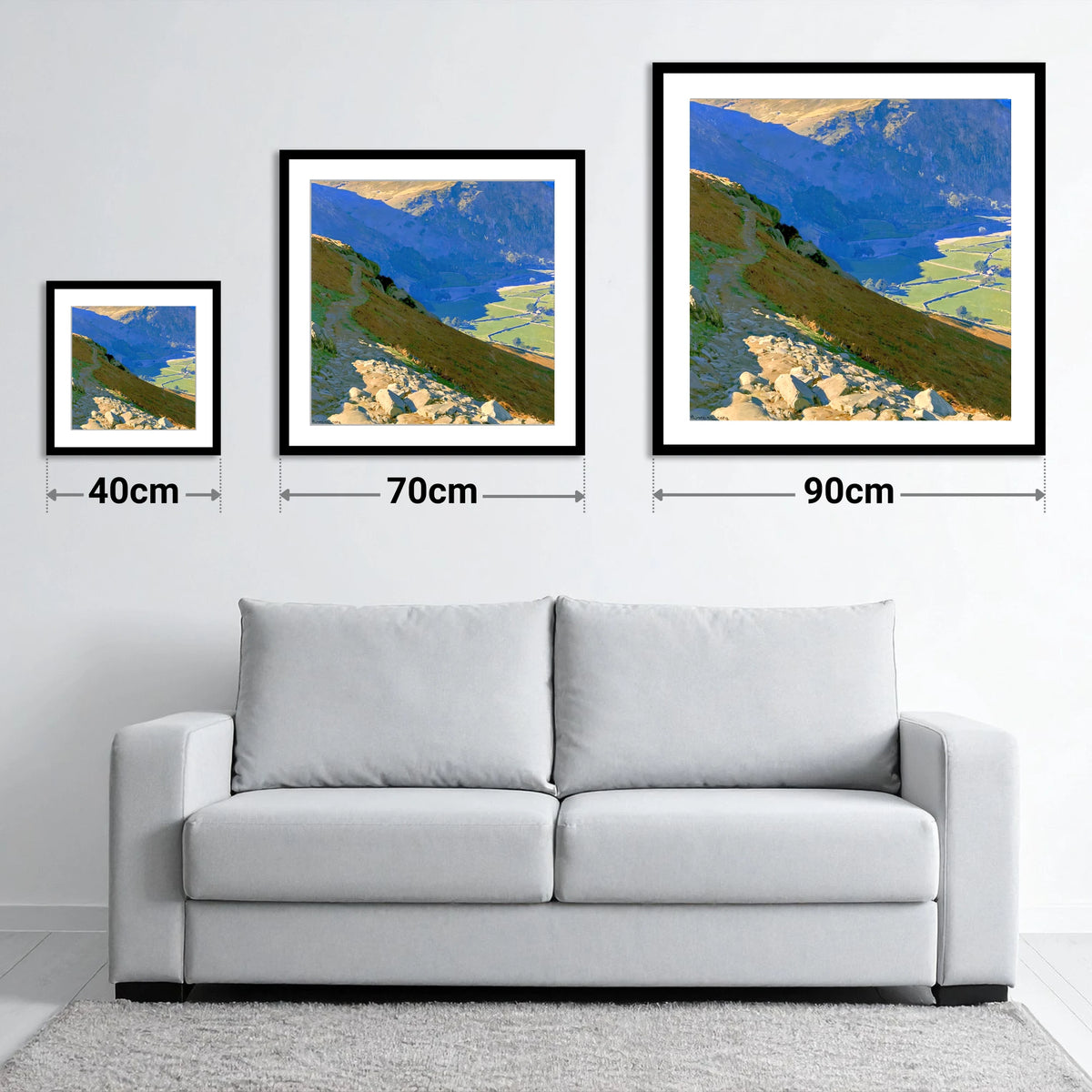Stony Descent to Patterdale Valley - size guide showing 40cm, 70cm and 90cm art prints
