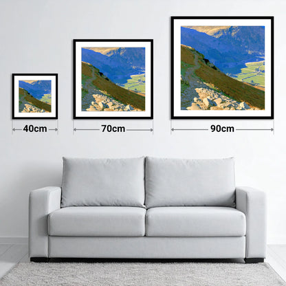Stony Descent to Patterdale Valley - size guide showing 40cm, 70cm and 90cm art prints