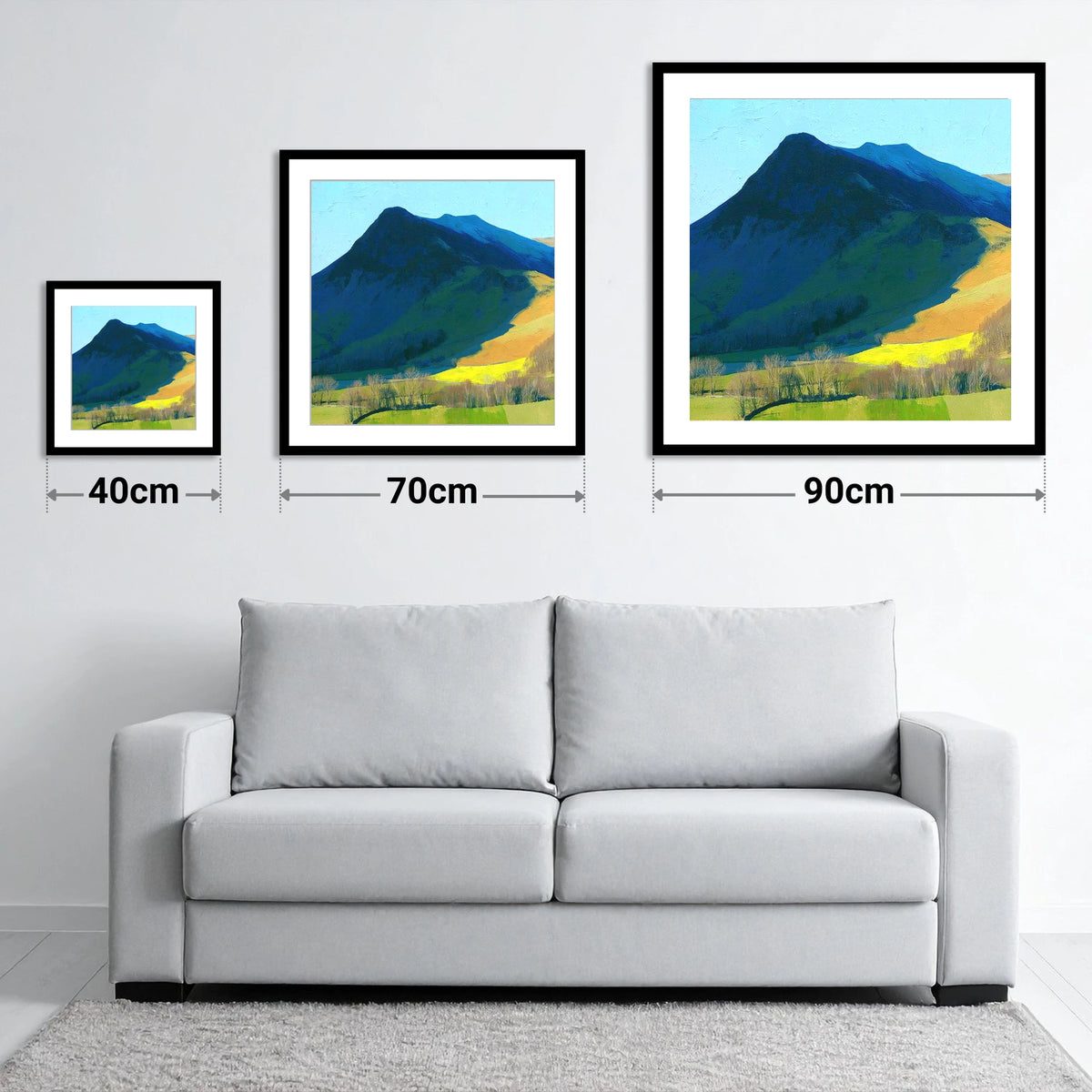 Ard Crags and Sunlit Valley - size guide showing 40cm, 70cm and 90cm art prints