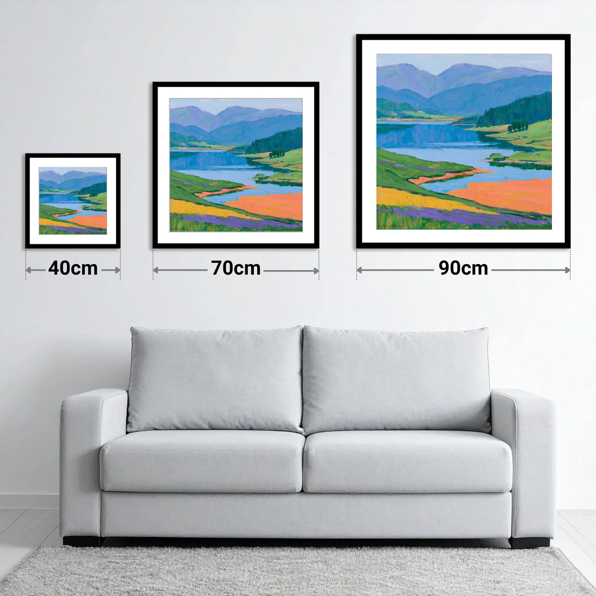 Vibrant Lake and Violet Fells - size guide showing 40cm, 70cm and 90cm art prints