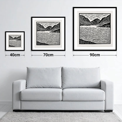 Lake and Fells in Monochrome - size guide showing 40cm, 70cm and 90cm art prints