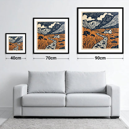 Eskdale Cottage and Navy Fells - size guide showing 40cm, 70cm and 90cm art prints