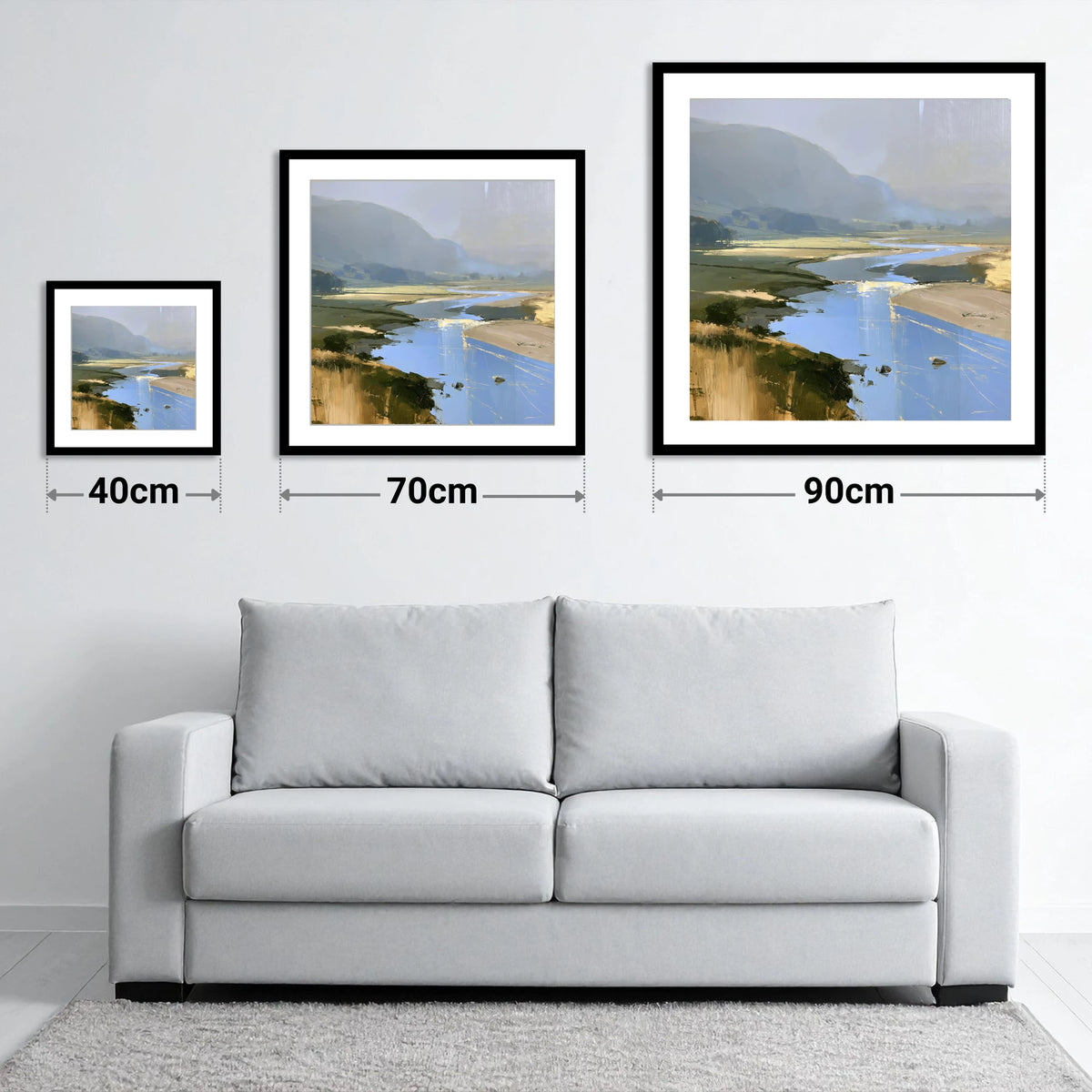 Winding River and Hazy Fells - size guide showing 40cm, 70cm and 90cm art prints