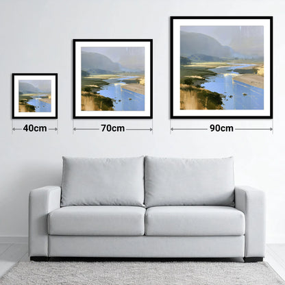 Winding River and Hazy Fells - size guide showing 40cm, 70cm and 90cm art prints