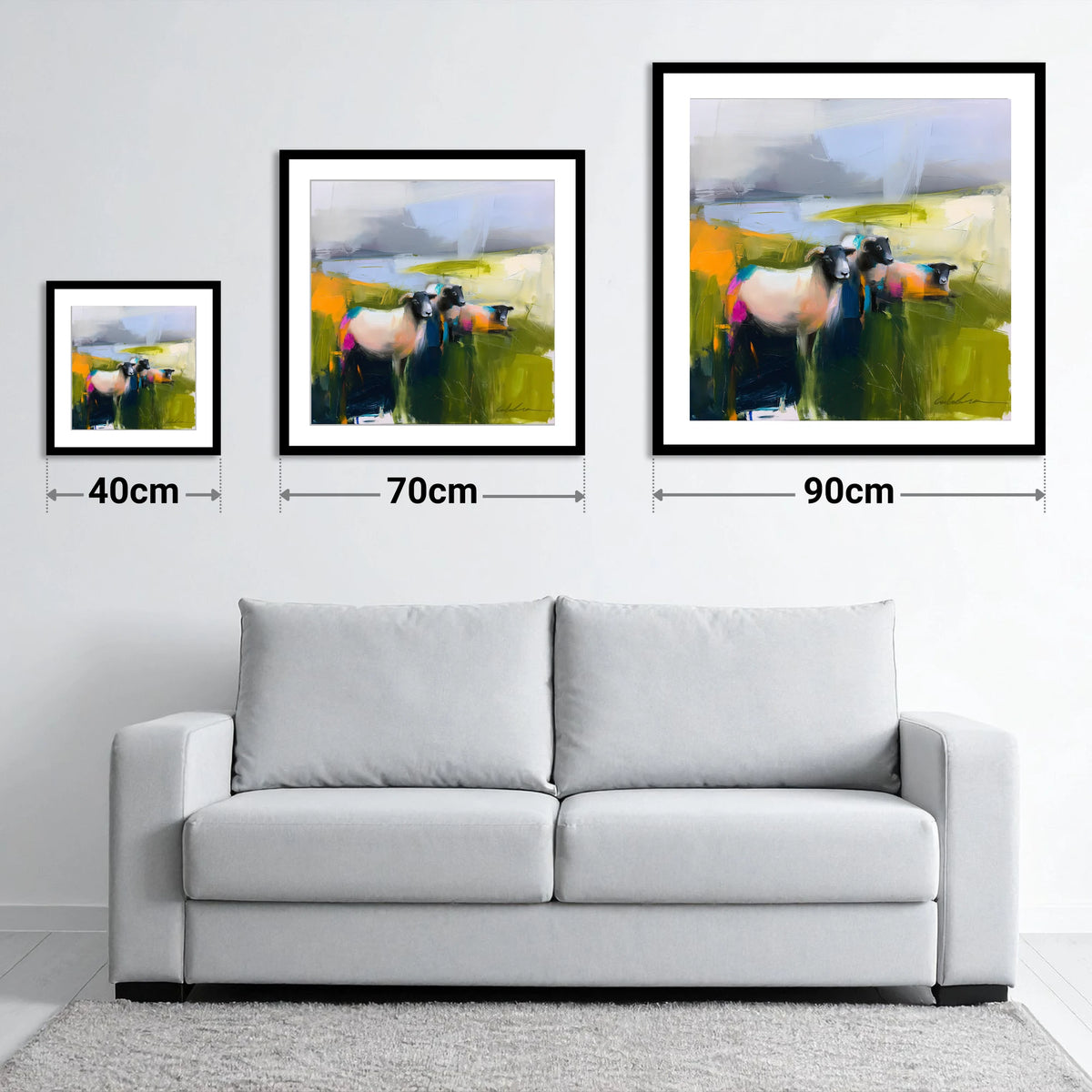 Vibrant Herdwick Sheep on Fellside - size guide showing 40cm, 70cm and 90cm art prints