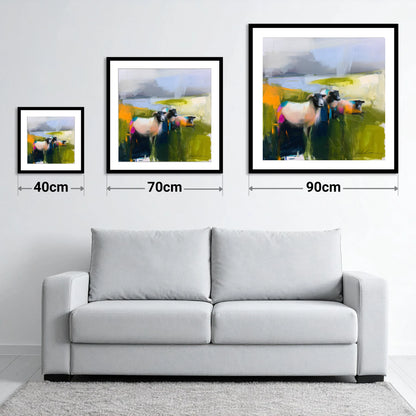 Vibrant Herdwick Sheep on Fellside - size guide showing 40cm, 70cm and 90cm art prints