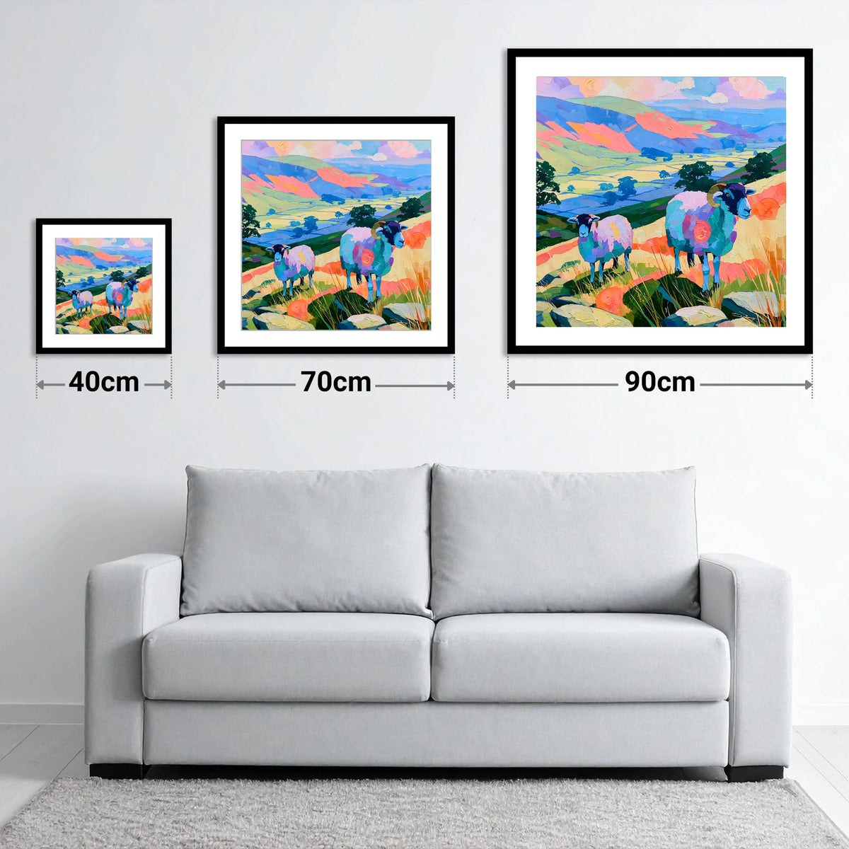 Vibrant Herdwick Sheep Fellside - size guide showing 40cm, 70cm and 90cm art prints