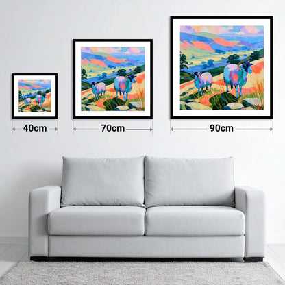 Vibrant Herdwick Sheep Fellside - size guide showing 40cm, 70cm and 90cm art prints