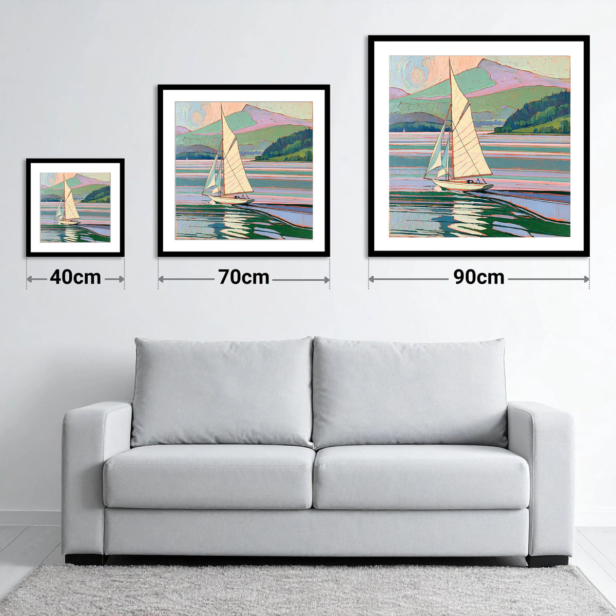 Sailboat on a Pastel Lake - size guide showing 40cm, 70cm and 90cm art prints