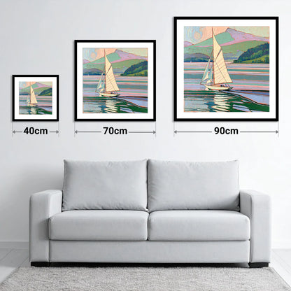 Sailboat on a Pastel Lake - size guide showing 40cm, 70cm and 90cm art prints