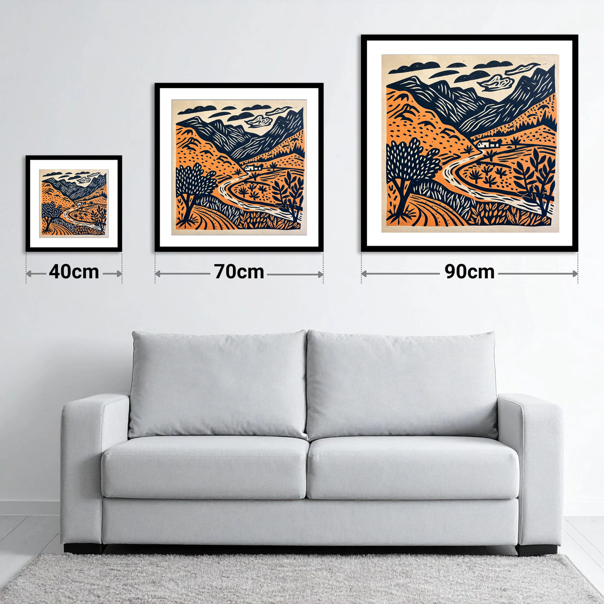Terracotta And Navy Eskdale Valley - size guide showing 40cm, 70cm and 90cm art prints