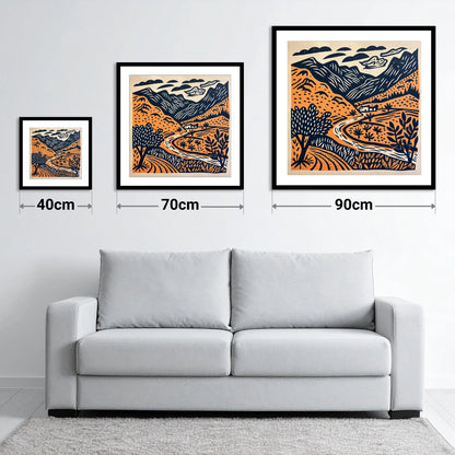 Terracotta And Navy Eskdale Valley - size guide showing 40cm, 70cm and 90cm art prints