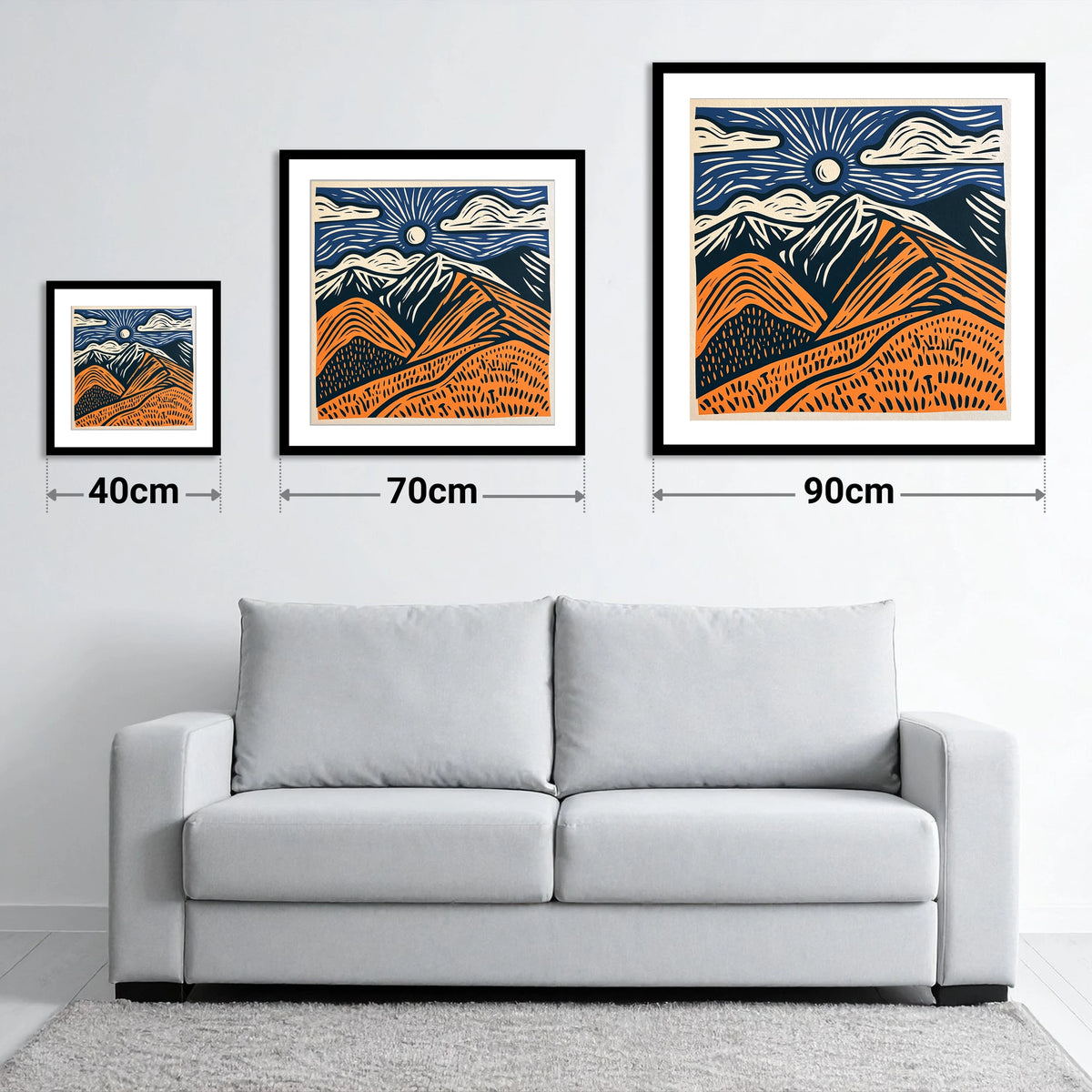 Blencathra in Terracotta and Navy - size guide showing 40cm, 70cm and 90cm art prints