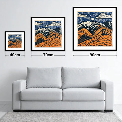 Blencathra in Terracotta and Navy - size guide showing 40cm, 70cm and 90cm art prints