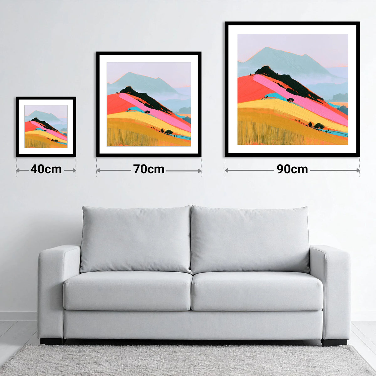 Vibrant Pink Mountain Ridge - size guide showing 40cm, 70cm and 90cm art prints