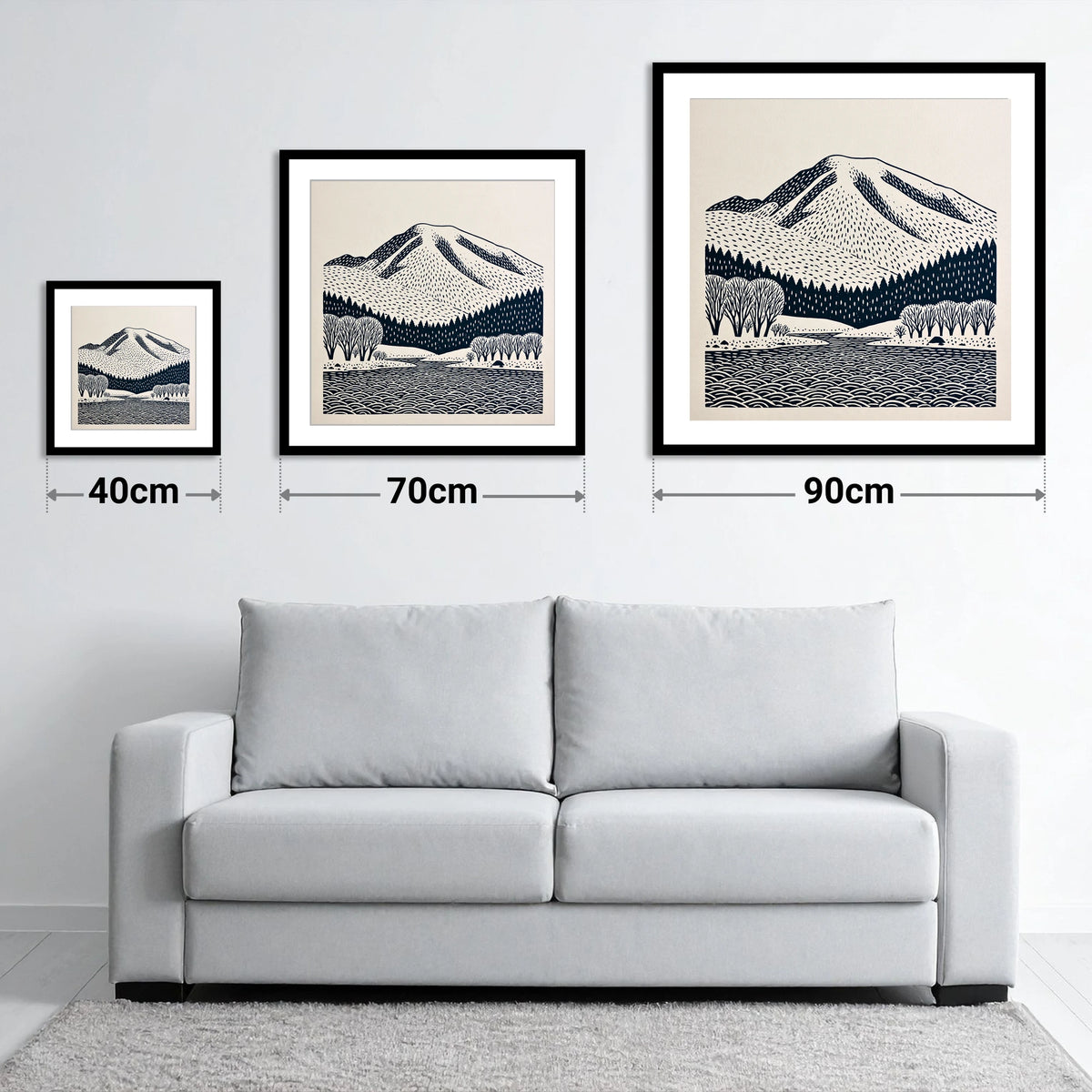 Graphic Skiddaw Mountain Scene - size guide showing 40cm, 70cm and 90cm art prints
