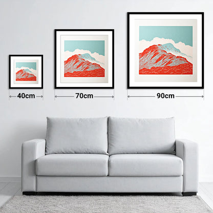Graphic Red Fell Ridge - size guide showing 40cm, 70cm and 90cm art prints