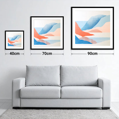 Borrowdale Valley in Coral and Blue - size guide showing 40cm, 70cm and 90cm art prints