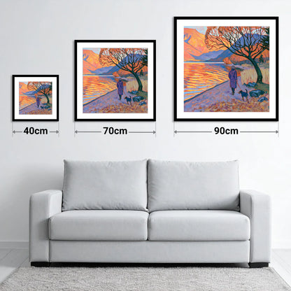 Sunset Dog Walk at Ullswater - size guide showing 40cm, 70cm and 90cm art prints