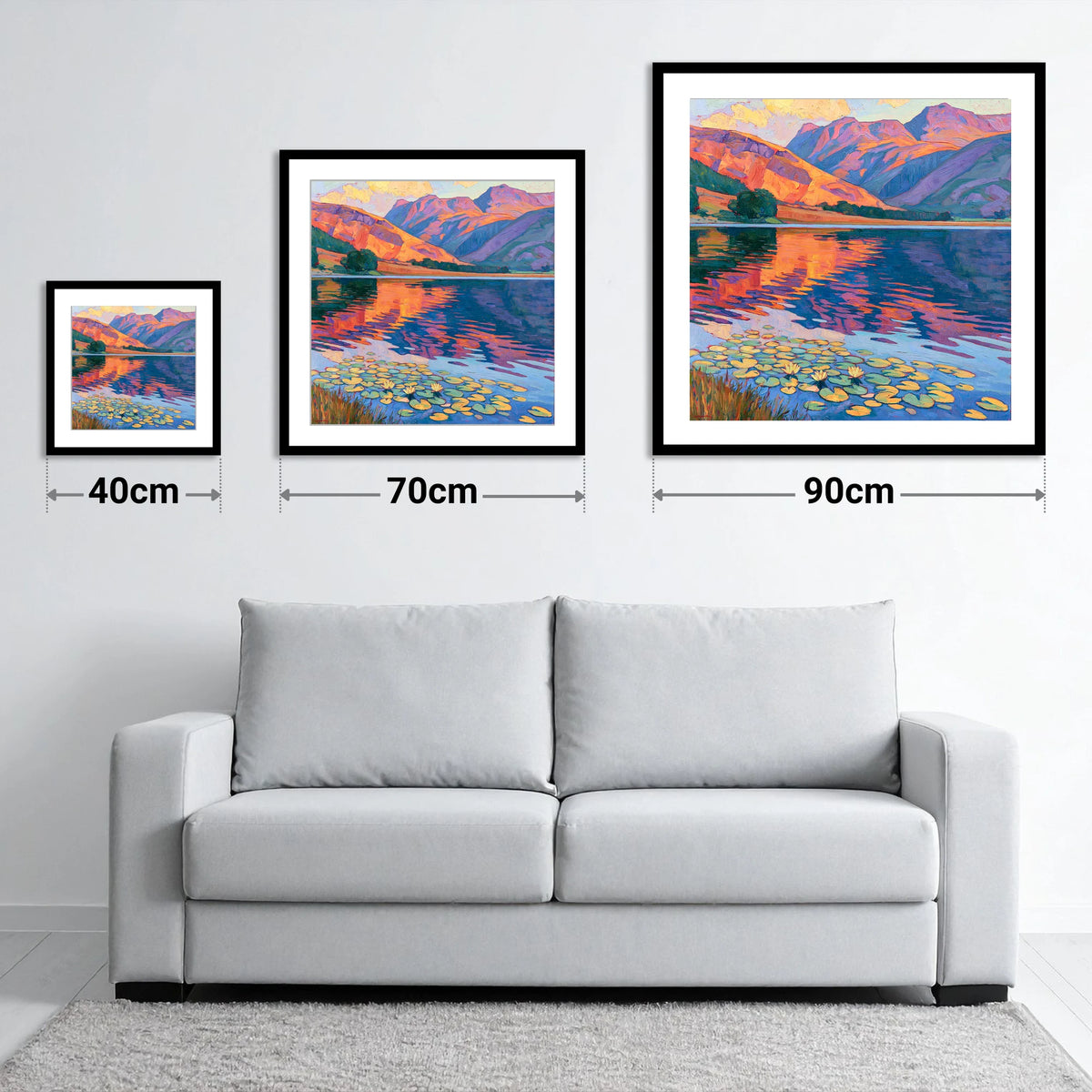 Amber Sunset Over Lily Tarn - size guide showing 40cm, 70cm and 90cm art prints