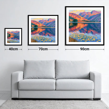 Amber Sunset Over Lily Tarn - size guide showing 40cm, 70cm and 90cm art prints