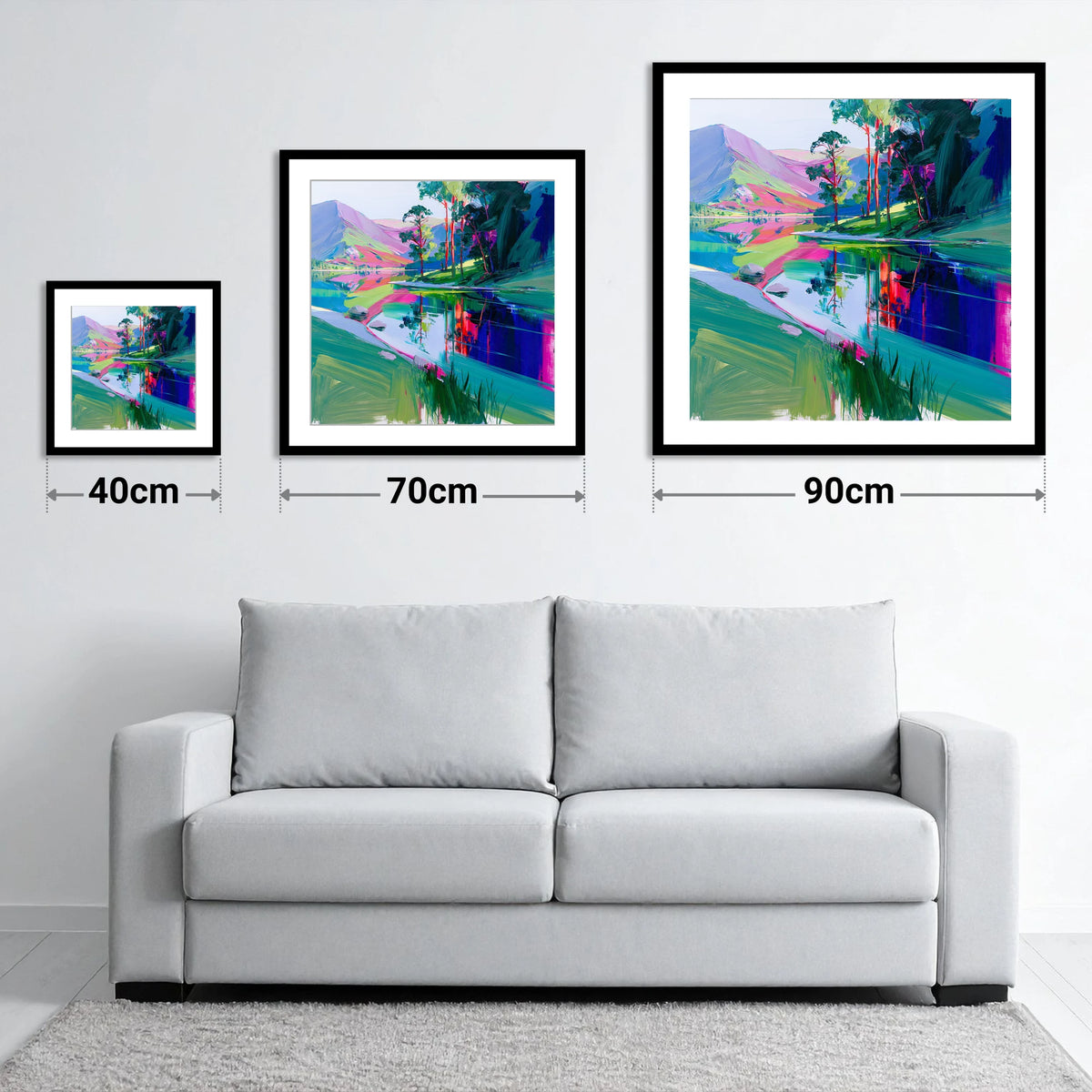 Vibrant Reflections at Buttermere - size guide showing 40cm, 70cm and 90cm art prints