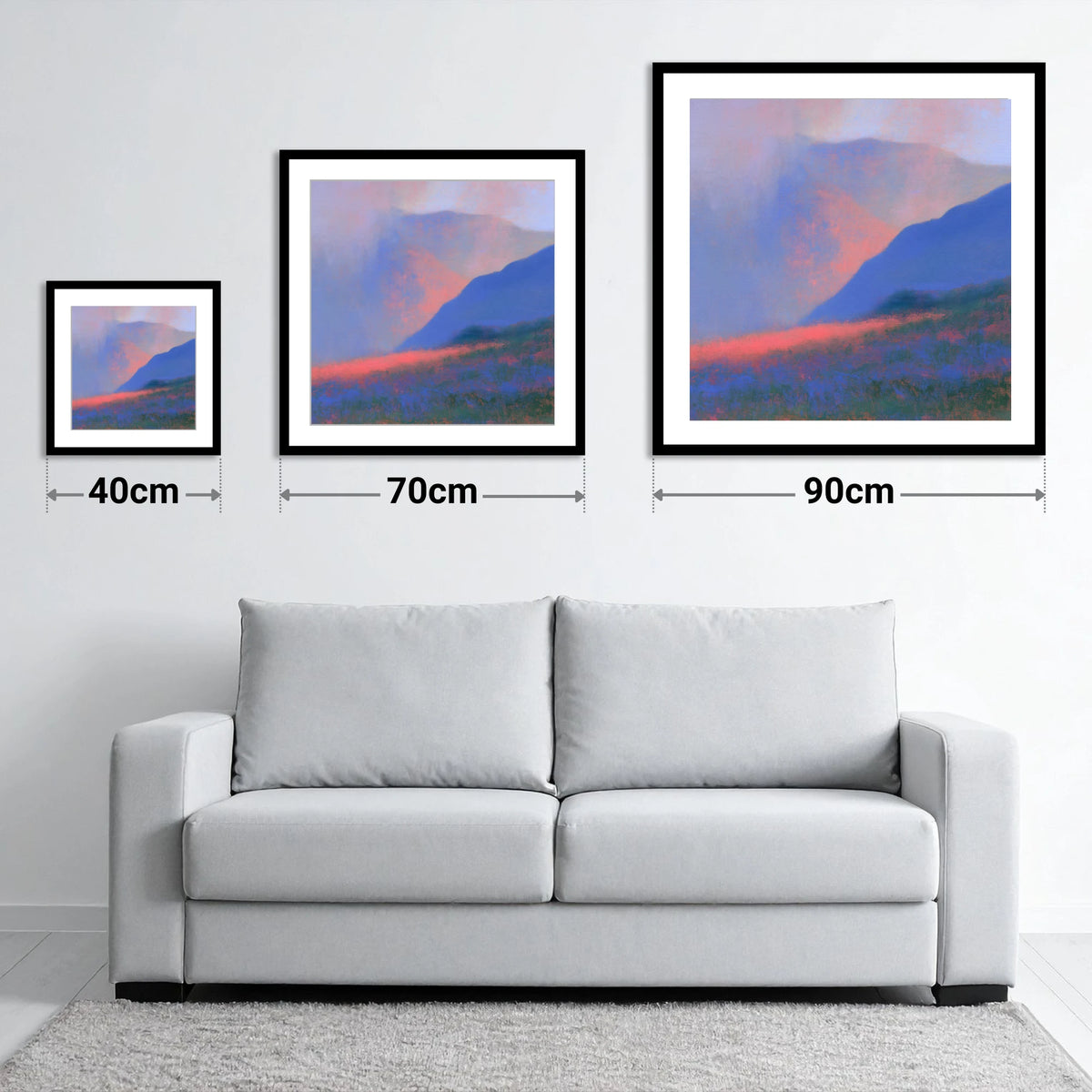 Pink Storm Clouds Over Fells - size guide showing 40cm, 70cm and 90cm art prints