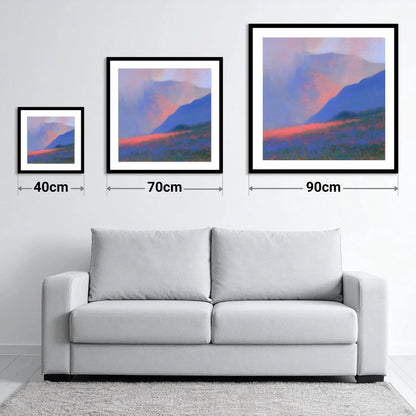 Pink Storm Clouds Over Fells - size guide showing 40cm, 70cm and 90cm art prints