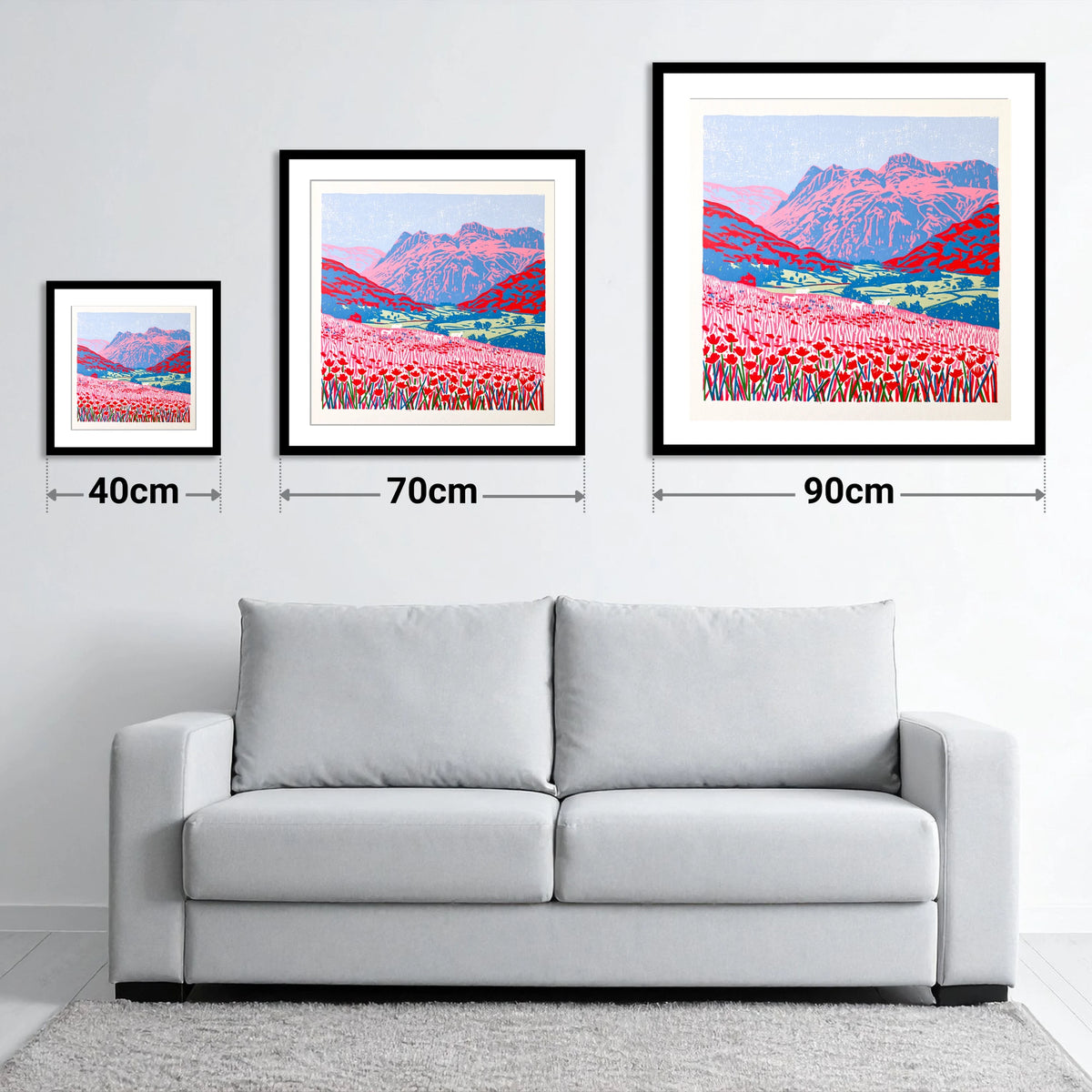 Vivid Meadows of Great Langdale - size guide showing 40cm, 70cm and 90cm art prints