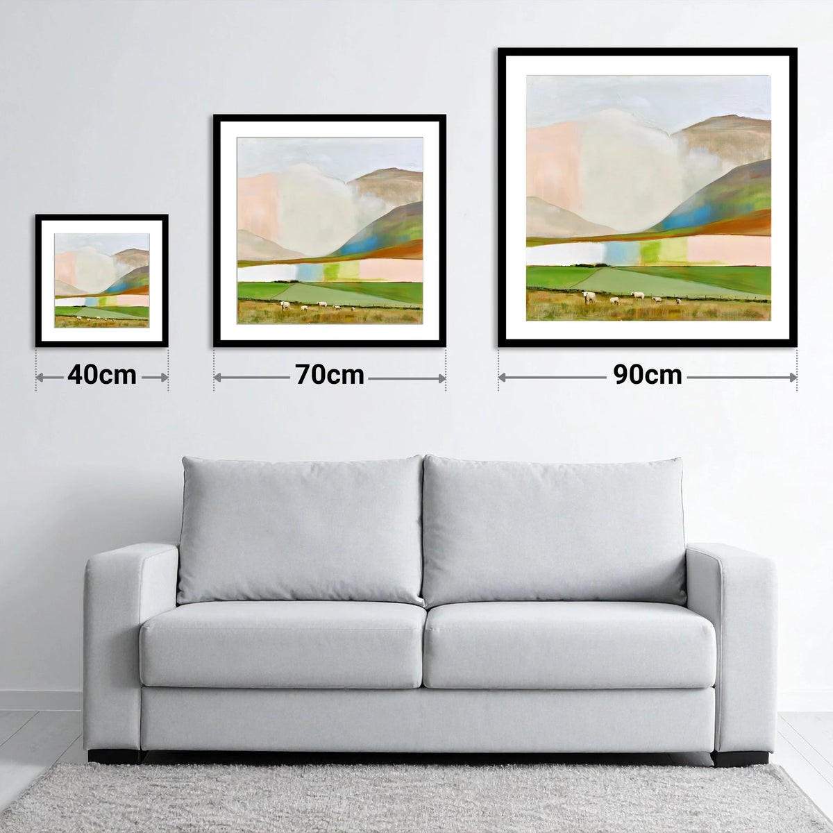 Pastel Storm Clouds Over Fells - size guide showing 40cm, 70cm and 90cm art prints